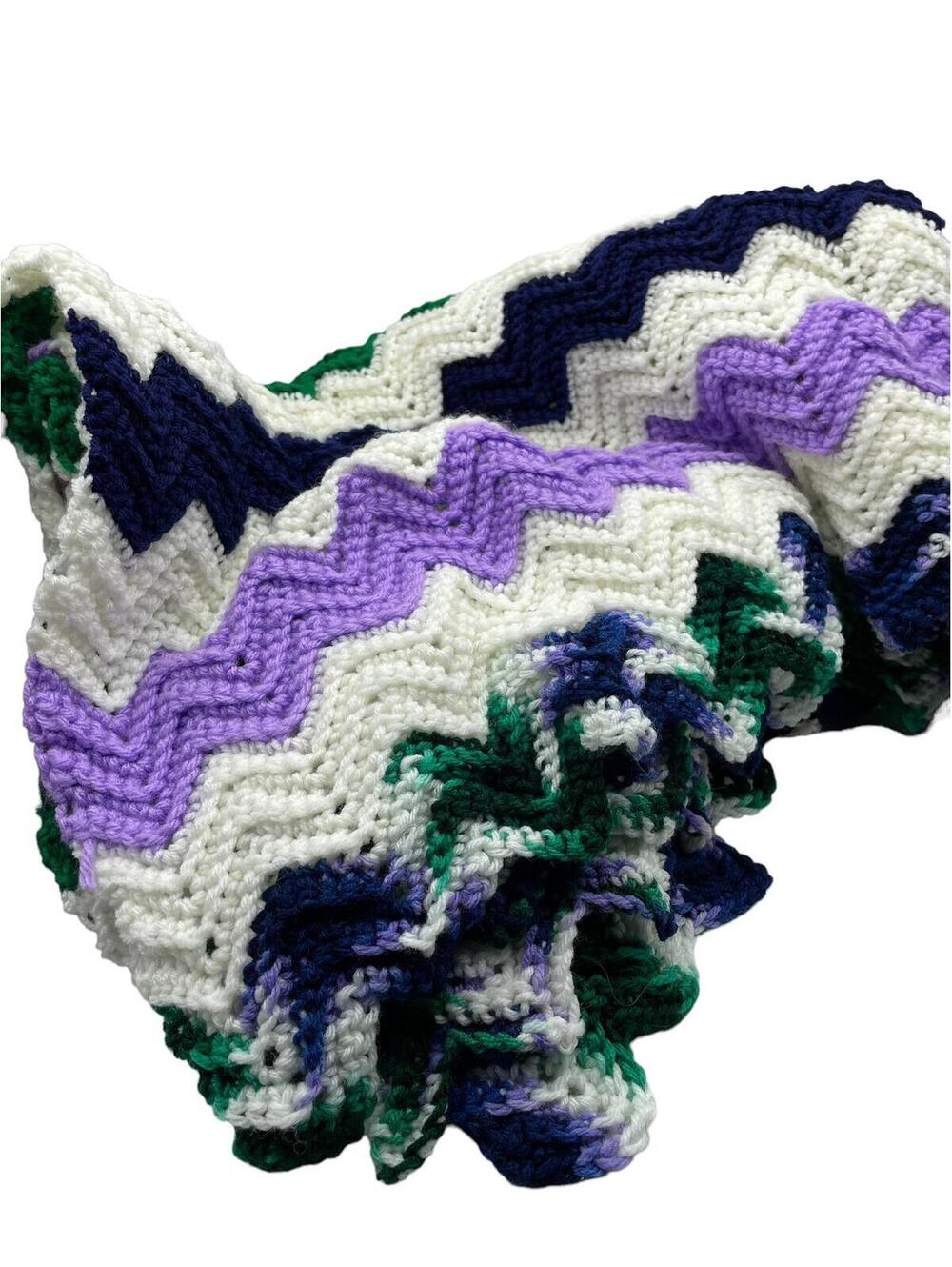 Vintage Handmade Crochet Chevron Afghan: Wool Lap Blanket, Cottagecore Decor